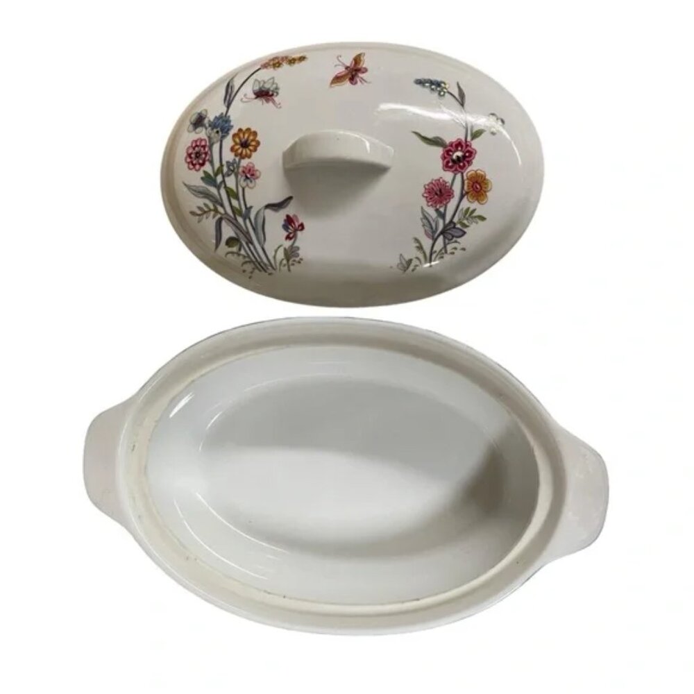 Vtg JARDIN by Andrea au gratin COVERED CASSEROLE oven to table floral butterfly - Picture 3 of 16